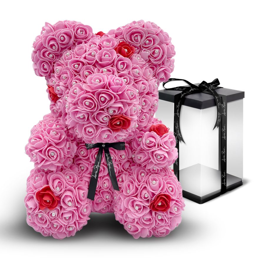 Αρκουδάκι από τριαντάφυλλα ροζ και κοκκινες λεπτομέριες με πέρλες, Μεγάλο Rose bear 40cm με κουτί συσκευασίας