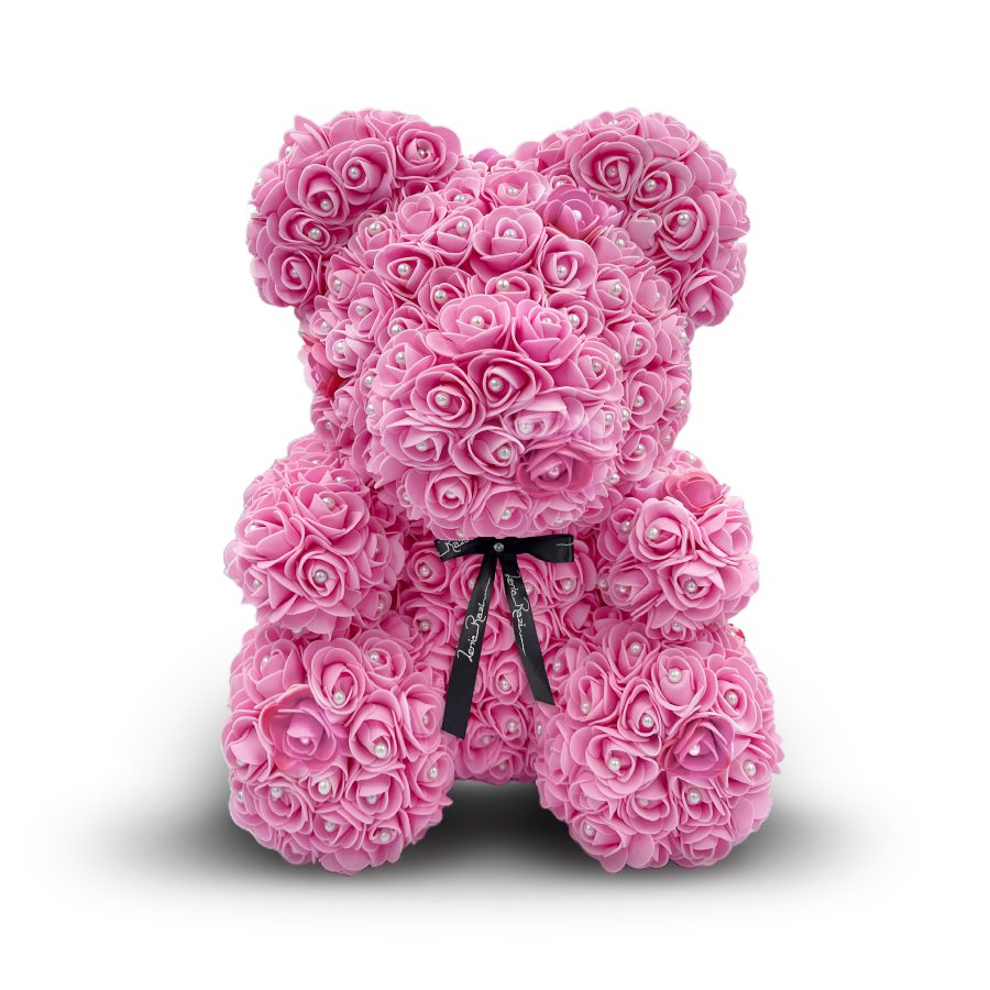 Αρκουδάκι από τριαντάφυλλα ροζ με πέρλες, Μεγάλο Rose bear 40cm.