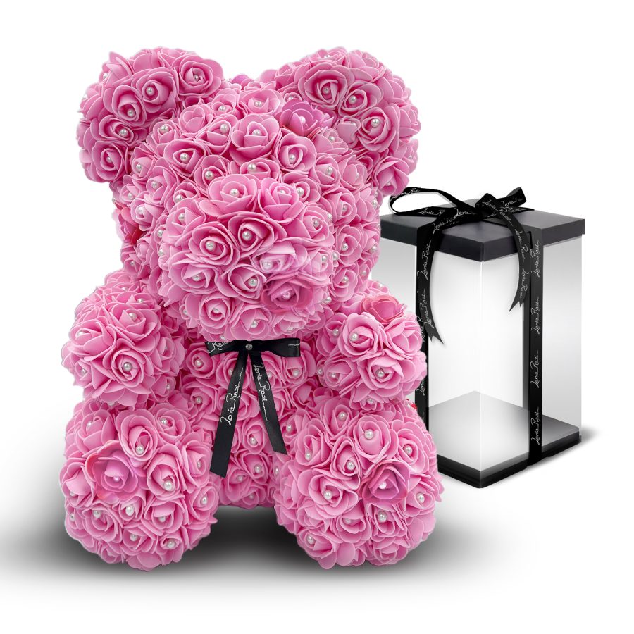 Αρκουδάκι από τριαντάφυλλα ροζ με πέρλες, Μεγάλο Rose bear 40cm